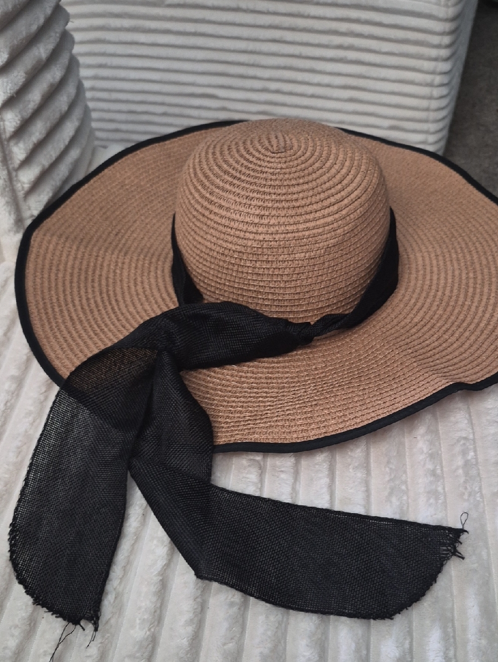 Classic Tan Straw Sun Hat with Black Scarf Trim